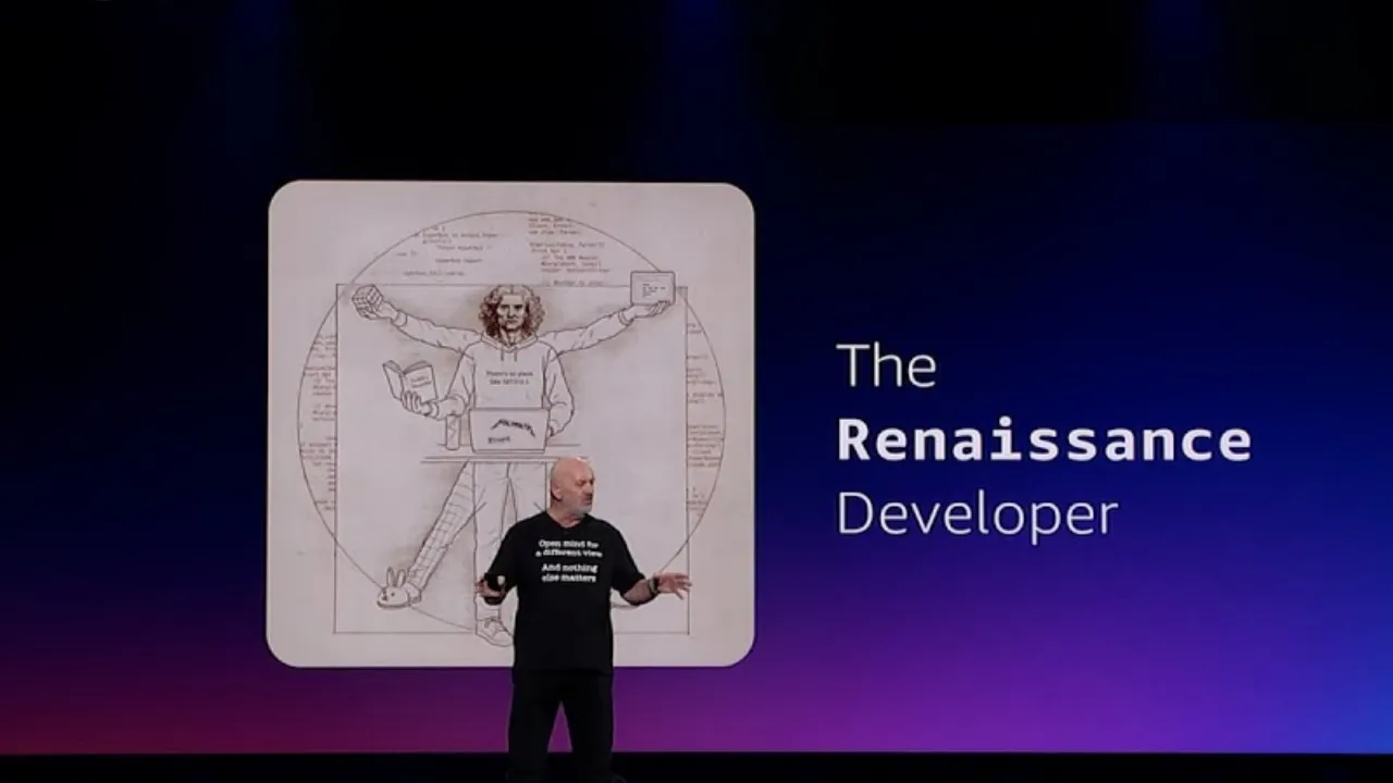 Werner Vogels on stage at his final AWS re:Invent keynote, speaking about the Renaissance Developer.
